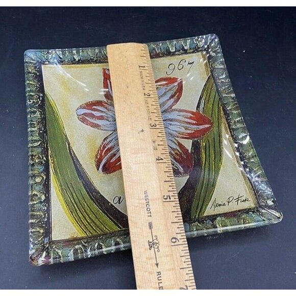 Arnie P Fisk Flower Still Glass Trinket Dish 6” Square - Picture 7 of 8
